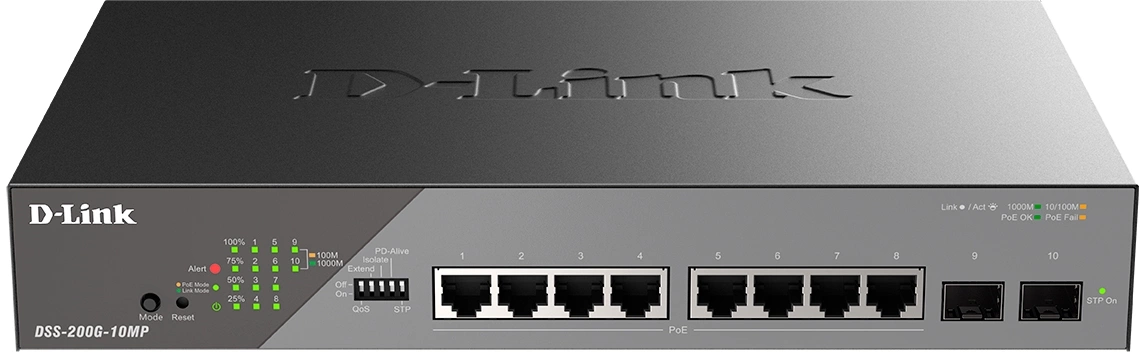 Коммутатор D-Link DSS-200G-10MP/A1A (L2) 8x1Гбит/с 2SFP 8PoE+ 130W настраиваемый
