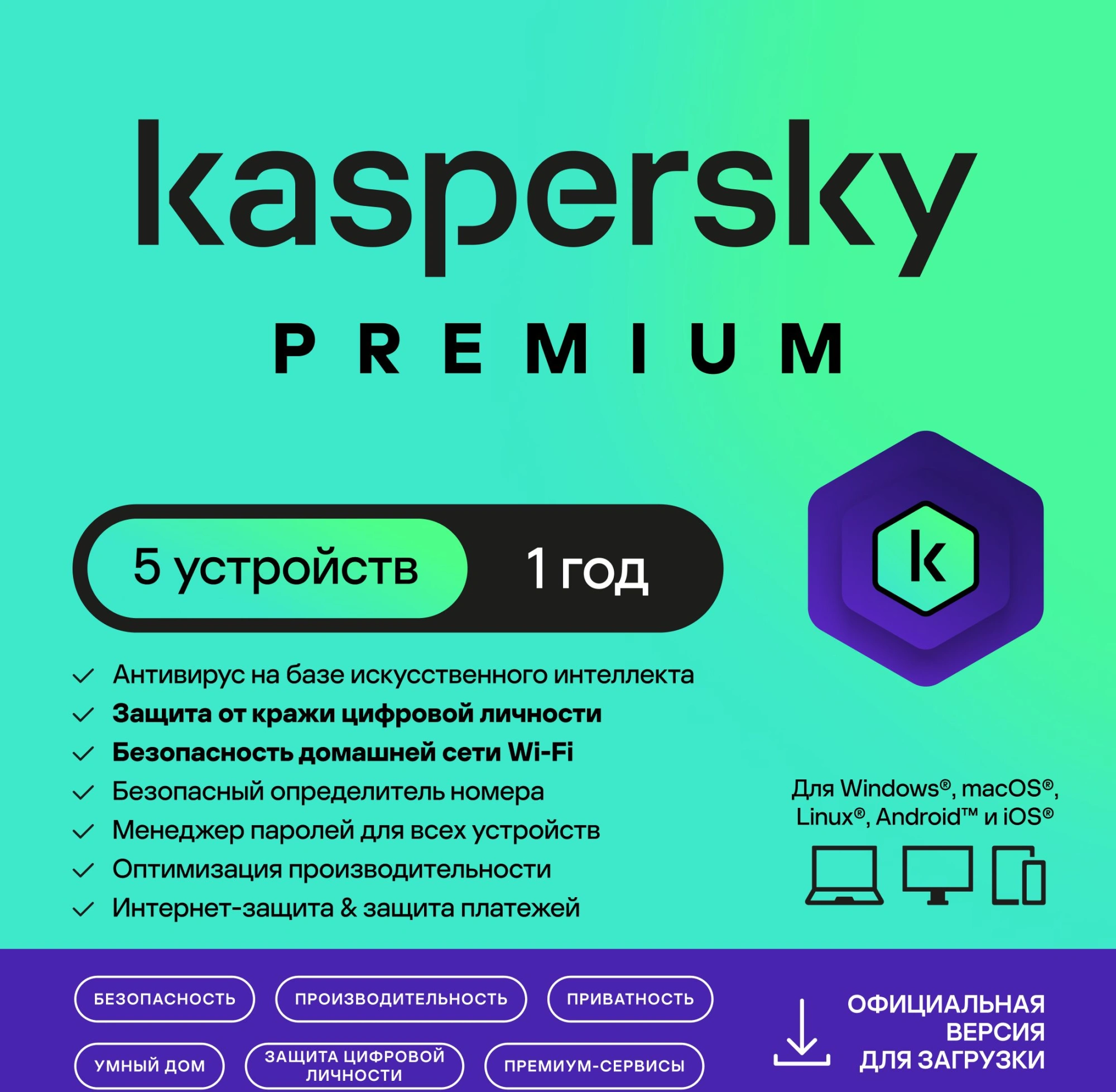 Ключ активации Kaspersky Premium + Who Calls Rus Edition 5-Device 1Y Base Download Pack (KL1049RDEFS)