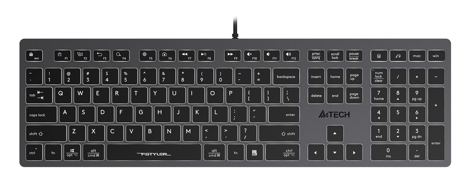 Клавиатура A4Tech FX60 серый USB slim LED (FX60 GREY / WHITE) кабель 1.5м