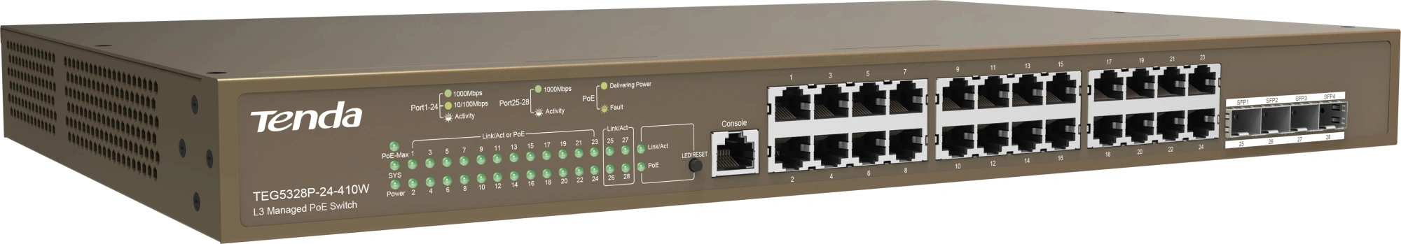Коммутатор Tenda TEG5328P-24-410W (L3) 24x1Гбит/с 4SFP 24PoE 370W управляемый