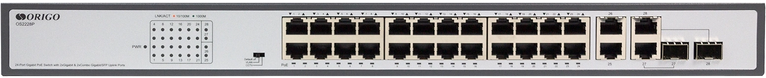 Коммутатор Origo OS2228P/370W OS2228P/370W/A1A 28x1Гбит/с 2xКомбо(1000BASE-T/SFP) 2SFP 24PoE+ 370W неуправляемый