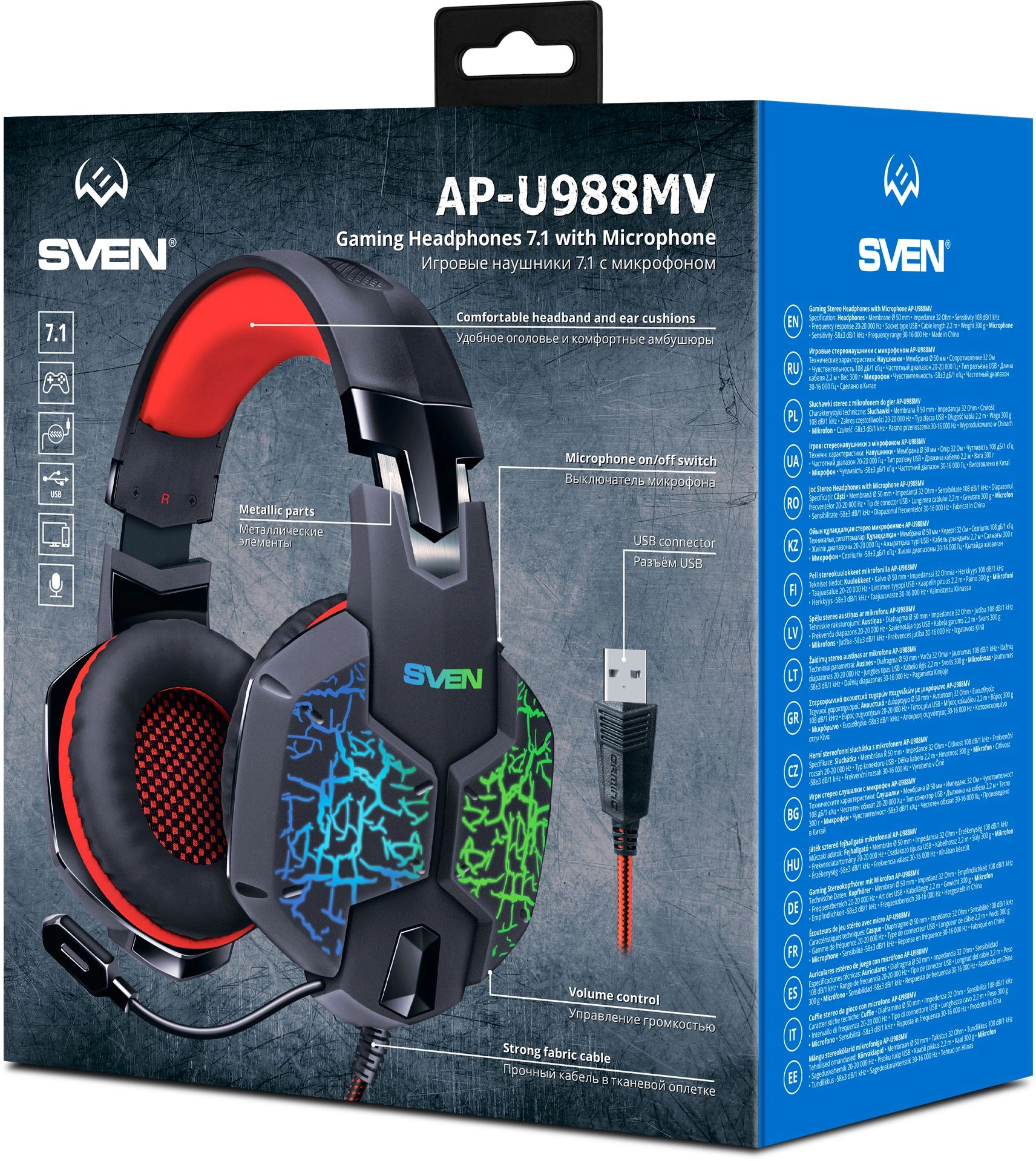 Наушники с микрофоном Sven AP-U988MV черный/красный 2.2м мониторные оголовье