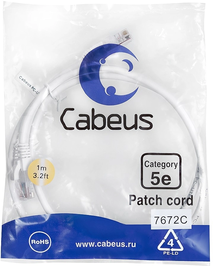 Патч-корд Cabeus PC-UTP-RJ45-CAT.5E-1M-WH U/UTP RJ-45 вил.-вилка RJ-45 кат.5E 1м белый ПВХ