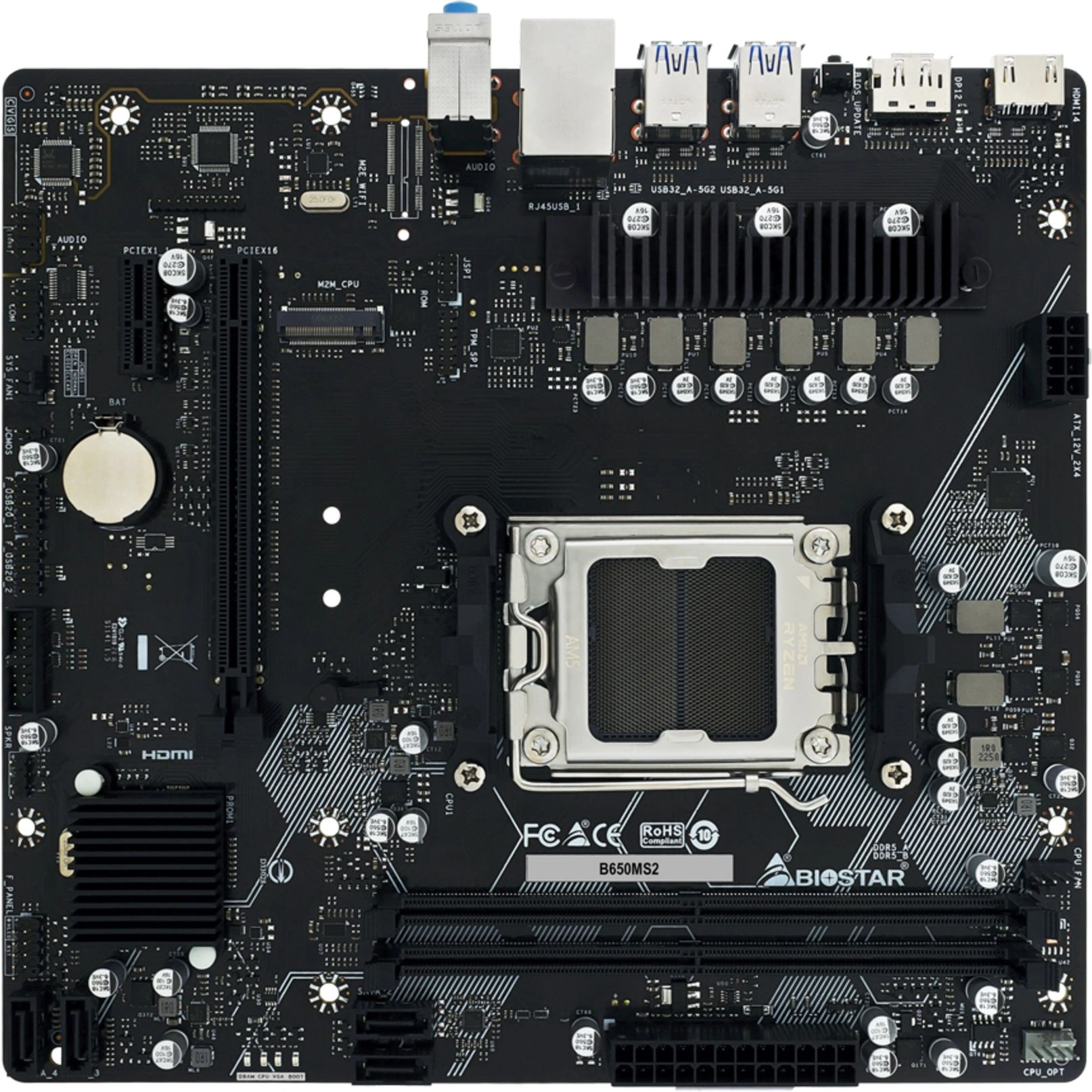 Материнская плата Biostar B650MS2-E Socket AM5 AMD B650 2xDDR5 mATX AC`97 8ch(7.1) 2.5Gg RAID+HDMI+DP