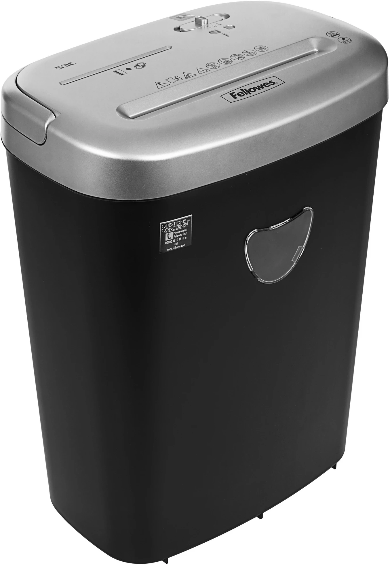 Шредер Fellowes PowerShred 53С черный/серый (секр.P-4) фрагменты 10лист. 23лтр. скрепки скобы пл.карты CD
