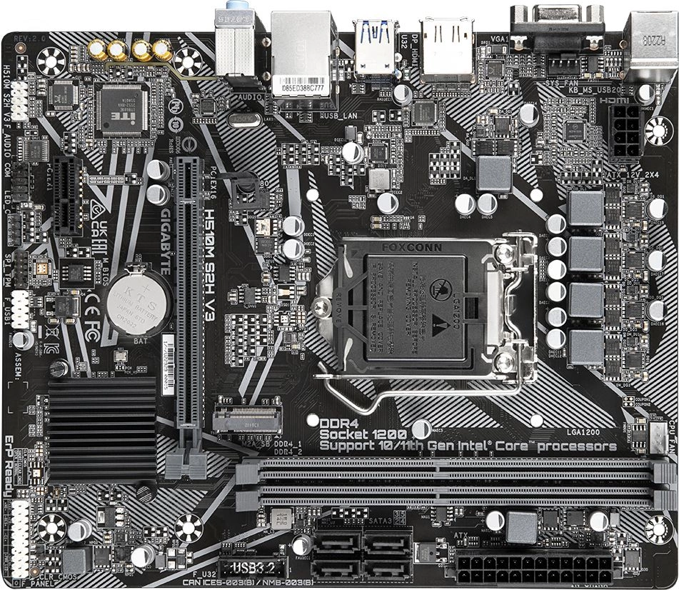 Материнская плата Gigabyte H510M S2H V3 2.0 Soc-1200 Intel Q470 2xDDR4 mATX AC`97 8ch(7.1) GbLAN+VGA+HDMI+DP