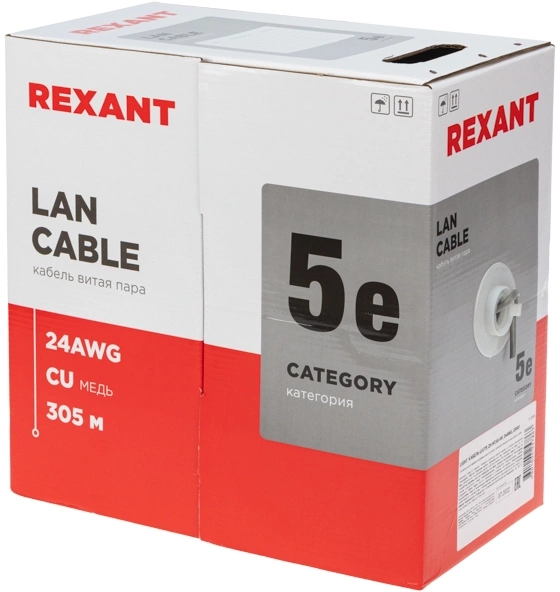 Кабель информационный Rexant 01-0059 кат.5E UTP 4 пары 24AWG нг(А)-HF внутренний 305м серый