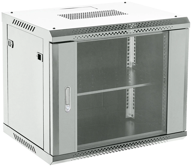Шкаф коммутационный Rexant (04-1266-111) настенный 12U 600x600мм пер.дв.стекл металл 2 бок.пан. направл.под винты 60кг серый 19кг 230град. 635мм IP20 сталь