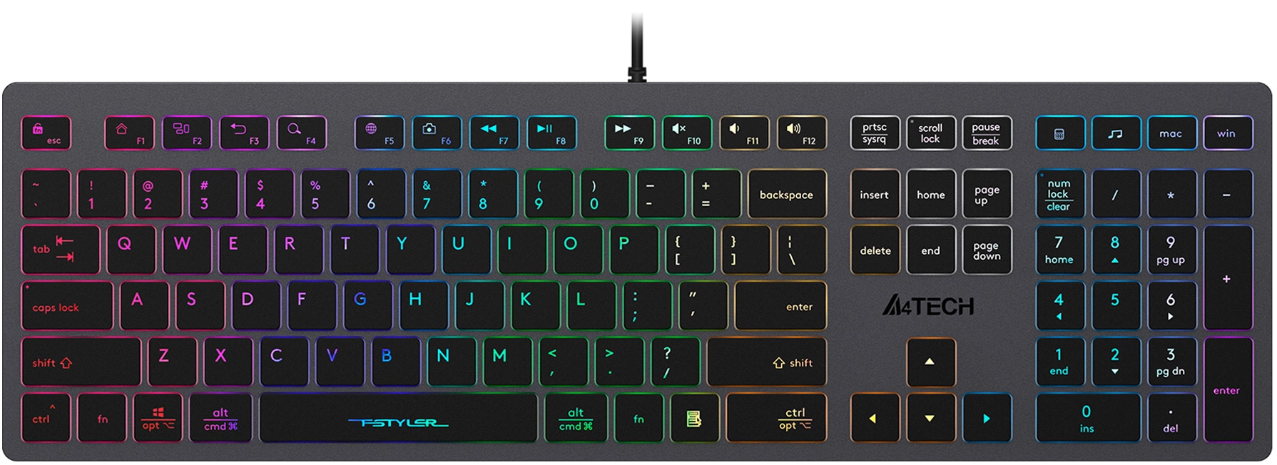 Клавиатура A4Tech FX60H серый USB slim LED (FX60H GREY/NEON) кабель 1.5м