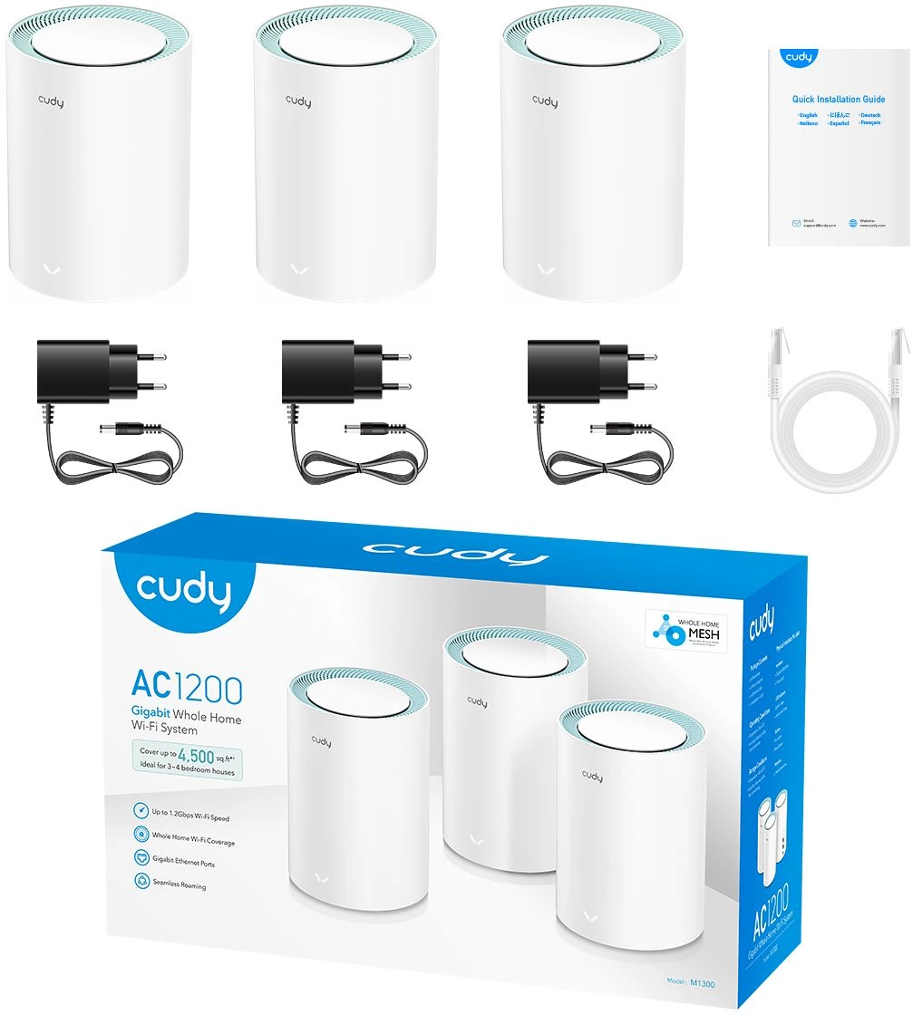 Бесшовный Mesh роутер Cudy M1300 (M1300(3-PACK)) AC1200 10/100/1000BASE-TX белый (упак.:3шт)