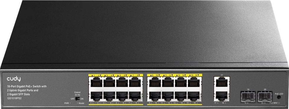 Коммутатор Cudy GS1018PS2 (L2) 18x1Гбит/с 2xКомбо(1000BASE-T/SFP) 2SFP 16PoE 200W неуправляемый