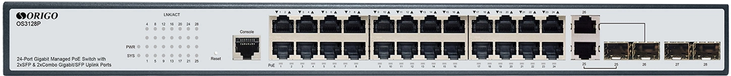 Коммутатор Origo OS3128P/250W OS3128P/250W/A1A (L2) 24x1Гбит/с 2xКомбо(1000BASE-T/SFP) 2SFP 24PoE+ 250W управляемый