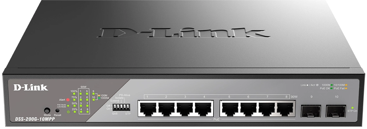 Коммутатор D-Link DSS-200G-10MPP/A1A (L2) 8x1Гбит/с 2SFP 8PoE++ 242W настраиваемый