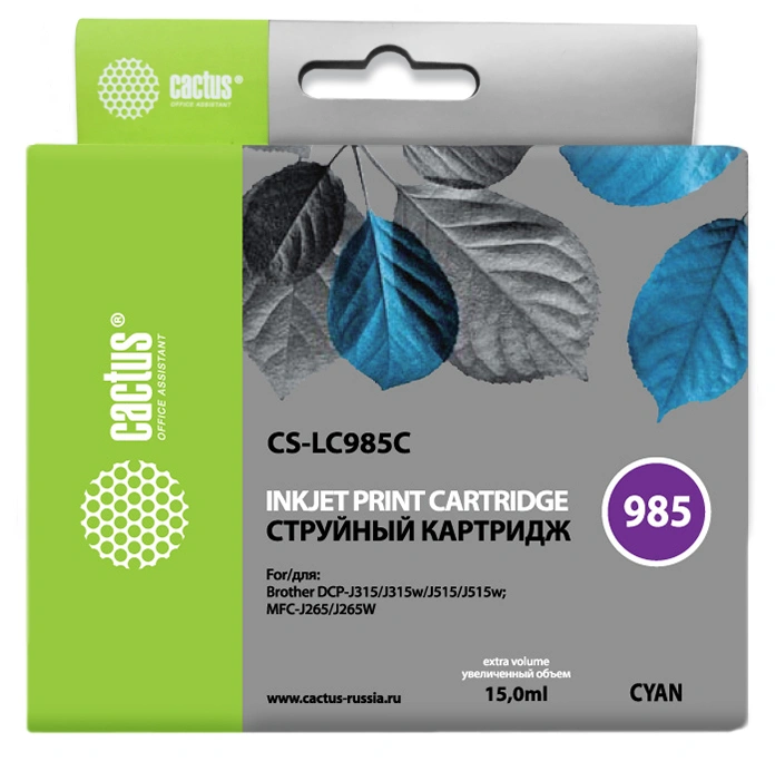 Картридж струйный Cactus CS-LC985C голубой (15мл) для Brother DCPJ315W/DCPJ515W/MFCJ265W с чипом