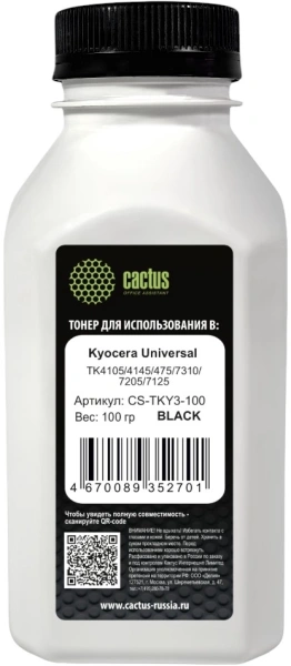 Тонер Cactus CS-TKY3-100 черный флакон 100гр. для принтера Kyoсera Universal TK4105/4145/475/7310/7205/7125; "Kyocera FS-1300/1030/1350/1028/1128/1100/1120/1320/1370/2000/3900/3920/3040/3140/3540/3640/4000/2020/4020/9030/9130/9530/6025/6525/6525/6530/KM 3