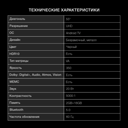 Телевизор LED Hyundai 55" H-LED55BU7009 Android TV Frameless Metal черный 4K Ultra HD 60Hz MEMC DVB-T DVB-T2 DVB-C DVB-S DVB-S2 USB WiFi Smart TV