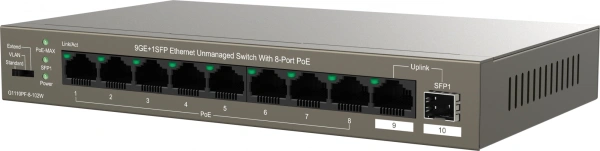 Коммутатор IP-Com G1110PF-8-102W (L2) 9x1Гбит/с 1xКомбо(1000BASE-T/SFP) 1SFP 8PoE 92W неуправляемый