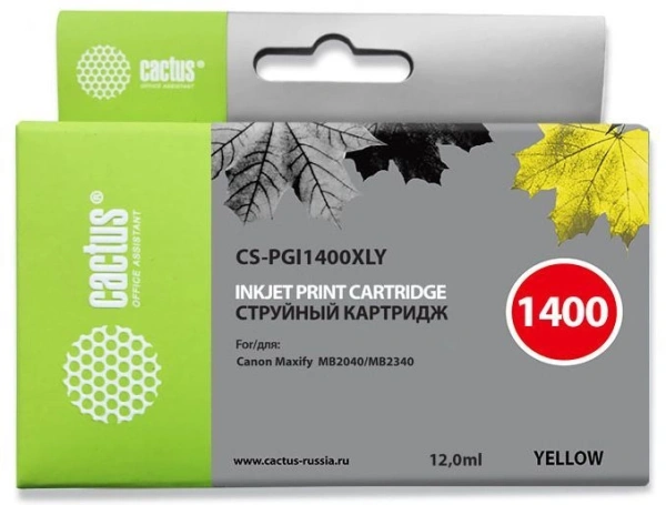Картридж струйный Cactus CS-PGI1400XLY PGI-1400 желт.пигм. (12мл) для Canon MB2050/MB2350/MB2040/MB2340 с чипом