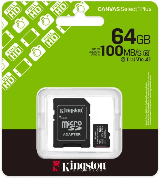 Флеш карта microSDXC 64GB Kingston SDCS3/64GB Canvas Select Plus V10 A1 + adapter