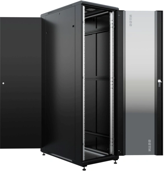 Шкаф серверный NTSS Премиум (NTSS-R42U80100GS-BL) напольный 42U 800x1000мм пер.дв.стекл металл 900кг черный 910мм 160кг 1987мм IP20 сталь