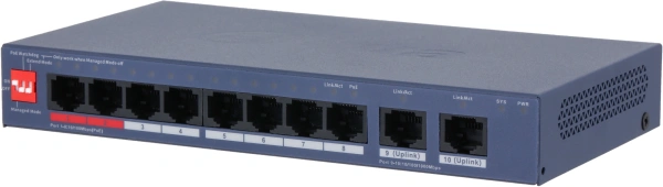 Коммутатор Dahua DH-CS4010-8ET2GT-110 (L2) 8x100Мбит/с 2x1Гбит/с 8PoE 110W управляемый
