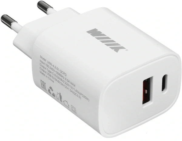 Сетевое зар./устр. Wiiix UNN-4-2-01-QC 18W 3A+2.4A (PD+QC) USB-C/USB-A универсальное белый