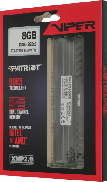Память DDR3 8Gb 1600MHz Patriot PV38G160C0 Viper 3 RTL PC3-12800 CL10 DIMM 240-pin 1.5В с радиатором Ret