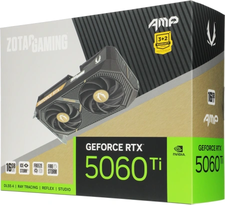 Видеокарта Zotac PCI-E 5.0 RTX 5060TI 16GB AMP NVIDIA GeForce RTX 5060TI 16Gb 128bit GDDR7 2632/28000 HDMIx1 DPx3 HDCP Ret