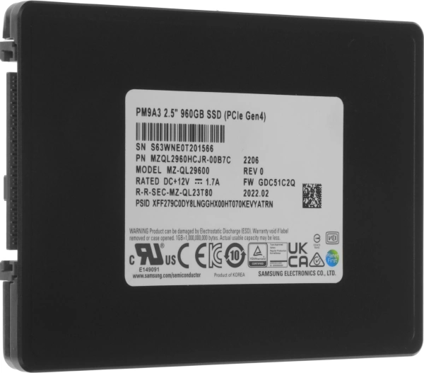 Накопитель SSD Samsung PCIe 4.0 x4 960GB MZQL2960HCJR-00B7C PM9A3 1 DWPD