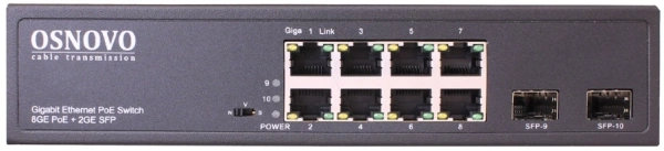 Коммутатор Osnovo SW-80802(150W) 7x1Гбит/с 2x10Гбит/с 8PoE 150W неуправляемый