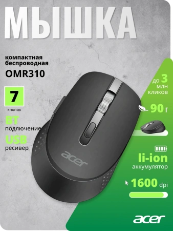 Мышь Acer OMR310 черный оптическая 1600dpi беспров. BT/Radio USB 7but (ZL.MCECC.031)
