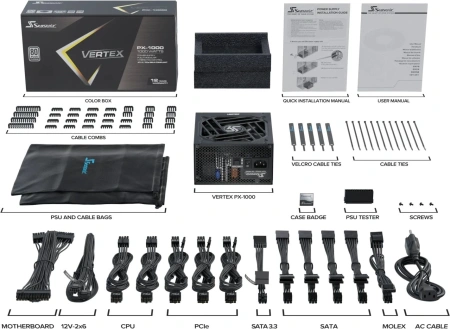 Блок питания Seasonic ATX 1000W VERTEX PX-1000 80+ platinum (20+4pin) APFC 135mm fan 18xSATA Cab Manag RTL