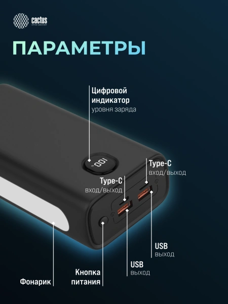 Мобильный аккумулятор Cactus CS-PBFSJA-30000 30000mAh 22.5W 4.5A 2xUSB-A/2xUSB-C черный