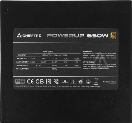 Блок питания Chieftec ATX 650W PowerUp GPX-650FC 80+ gold (20+4pin) APFC 120mm fan 9xSATA Cab Manag RTL