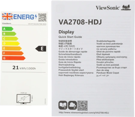Монитор ViewSonic 27" VA2708-HDJ черный IPS LED 16:9 HDMI матовая HAS Piv 250cd 178гр/178гр 1920x1080 100Hz VGA DP FHD 6.1кг