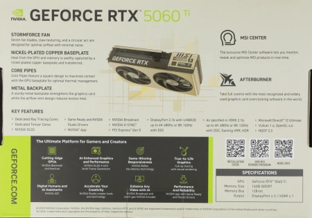 Видеокарта MSI PCI-E 5.0 RTX 5060 TI 16G INSPIRE 2X NVIDIA GeForce RTX 5060TI 16Gb 128bit GDDR7 2572/28000 HDMIx1 DPx3 HDCP Ret