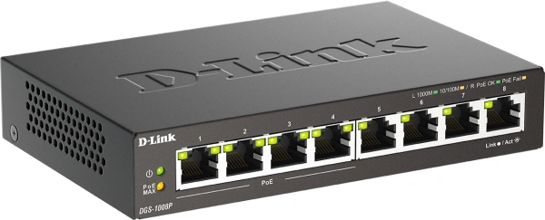 Коммутатор D-Link DGS-1008P DGS-1008P/F3A (L2) 8x1Гбит/с 4PoE+ 60W неуправляемый