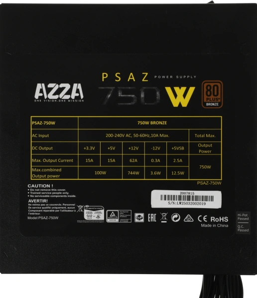 Блок питания Azza ATX 750W PSAZ-750W 80+ bronze (20+4pin) APFC 120mm fan 5xSATA RTL