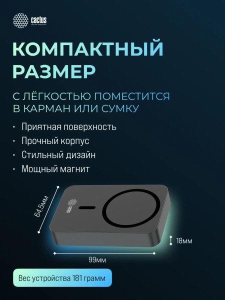 Мобильный аккумулятор Cactus CS-PBFSTA-10000 10000mAh 22.5W 4.5A USB-C беспров.зар. серый