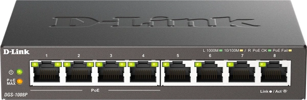 Коммутатор D-Link DGS-1008P DGS-1008P/F3A (L2) 8x1Гбит/с 4PoE+ 60W неуправляемый