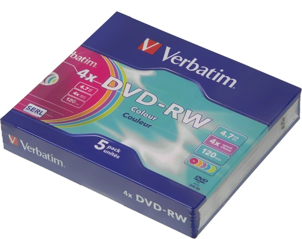 Диск DVD-RW Verbatim 4.7Gb 4x Slim case (5шт) Color (43563)
