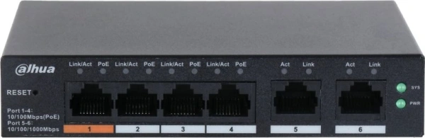 Коммутатор Dahua DH-CS4006-4ET-60 (L2) 4x100Мбит/с 2xКомбо(1000BASE-T/SFP) 30W управляемый