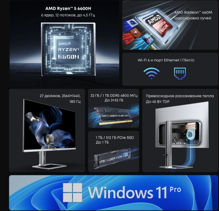 Моноблок Chuwi Unitech 27 27" 2K Ryzen 5 6600H (3.3) 32Gb SSD1Tb 660M Windows 11 Pro GbitEth WiFi BT 48W клавиатура мышь Cam серебристый/черный 2560x1440