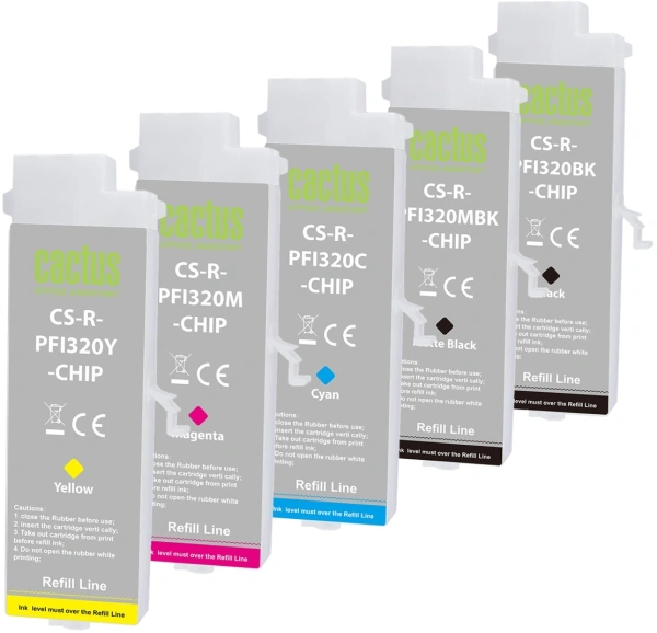 Картридж перезаправляемый струйный Cactus CS-R-PFI320SET-CHIP черный/черный матовый/голубой/желтый/пурпурный набор 5шт.упак. для Canon imagePROGRAF TM-200/200MFP/205/300/300MFP/305/250/255/350/355 с чипом