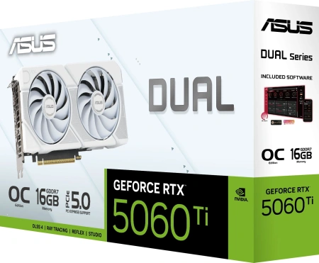 Видеокарта Asus PCI-E 5.0 DUAL-RTX5060TI-O16G-WHITE NVIDIA GeForce RTX 5060TI 16Gb 128bit GDDR7 2602/28000 HDMIx1 DPx3 HDCP Ret