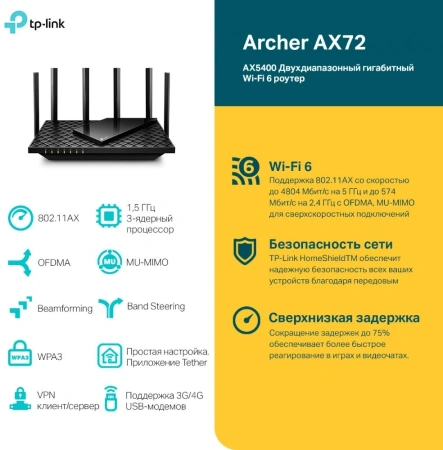 Роутер беспроводной TP-Link Archer AX72 AX5400 10/100/1000BASE-TX черный