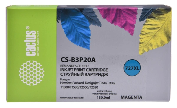 Картридж струйный Cactus CS-B3P20A №727 пурпурный (130мл) для HP DJ T920/T1500/T2530 с чипом