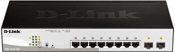 Коммутатор D-Link DGS-1210-10P DGS-1210-10P/FL2A (L2+) 8x1Гбит/с 2xКомбо(1000BASE-T/SFP) 8PoE 8PoE+ 65W управляемый