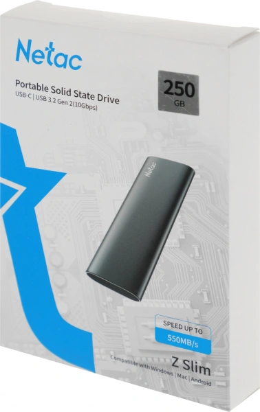 Накопитель SSD Netac USB-C 250GB NT01ZSLIM-250G-32BK Z Slim черный