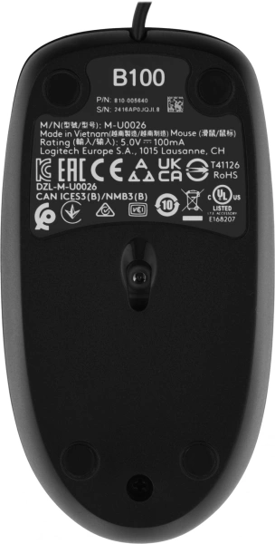 Мышь Logitech B100 черный оптическая 1000dpi USB 2but (910-006605)